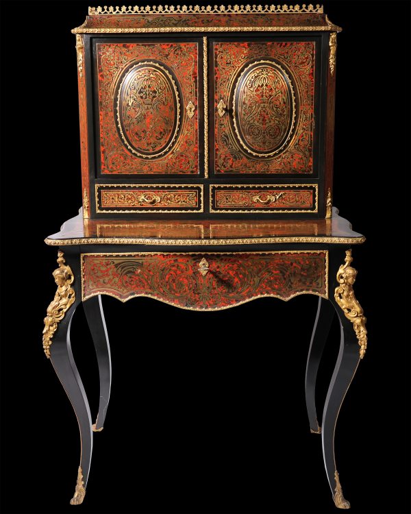 An ebonized wood bureau bonheur du jour, decorated in the manner of Boulle, France, 19th century