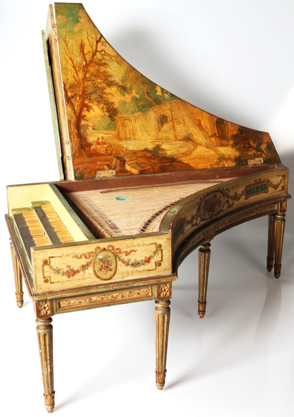 An Italian lacquered spinet-shaped music box with floral motifs and landscapes, 19th century