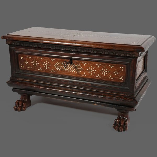 An Italian carved walnut wood chest with bone inlayds, 17th century