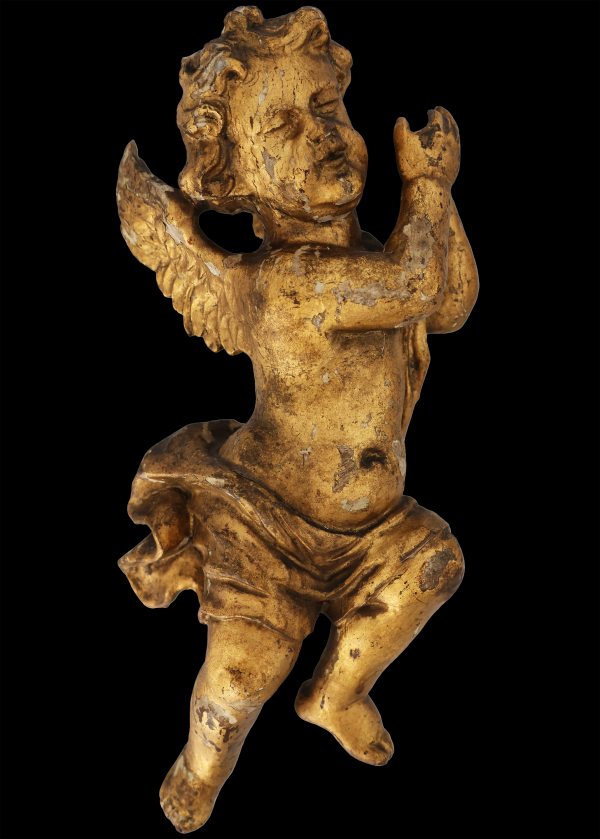 Coppia di putti alati in legno scolpito e dorato, Italia, XVIII secolo