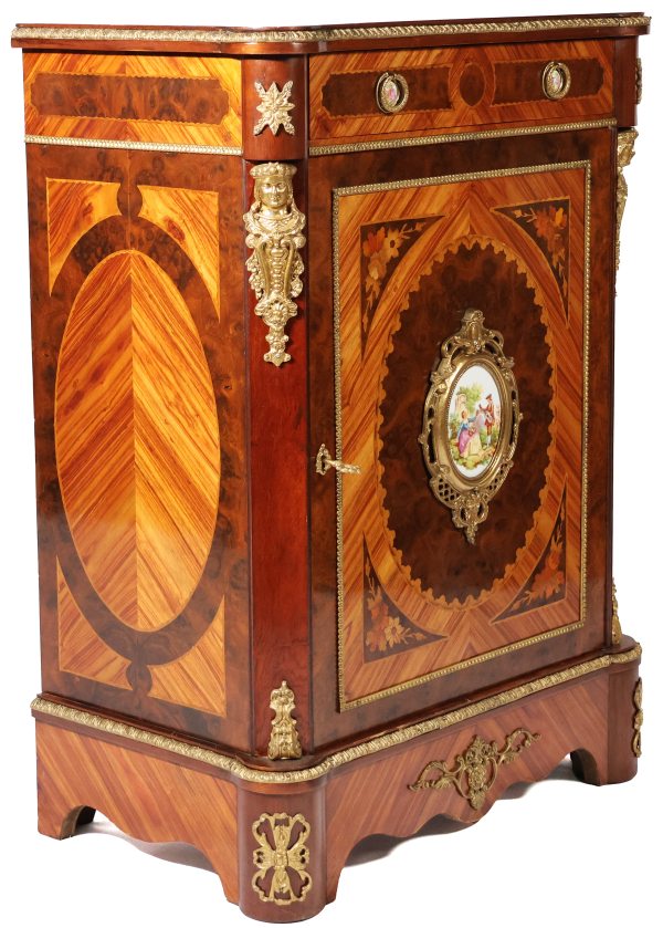 A French rosewood sideboard inlaid with various woods, porcelain plaques, late 19th century