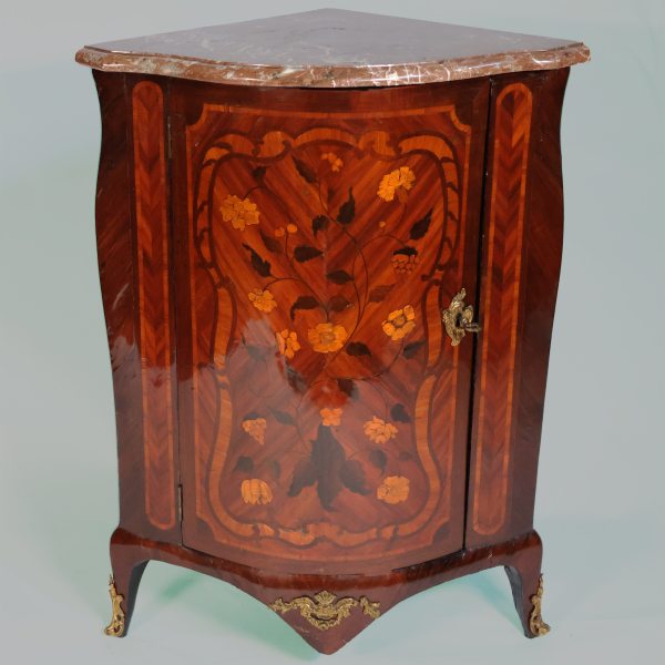 A French floral inlayed in plaissander, kingwood and rosewood encoignure, M. Criard, 18th century