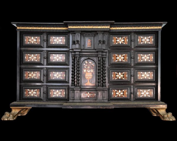 An Italian ebonized wood cabinet inlaid with woods and mother-of-pearl, Florence, 16th century