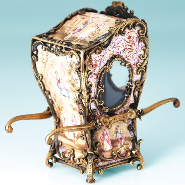 A silver-gilt sedan chair and polychrome enamels. Vienna, late 19th century