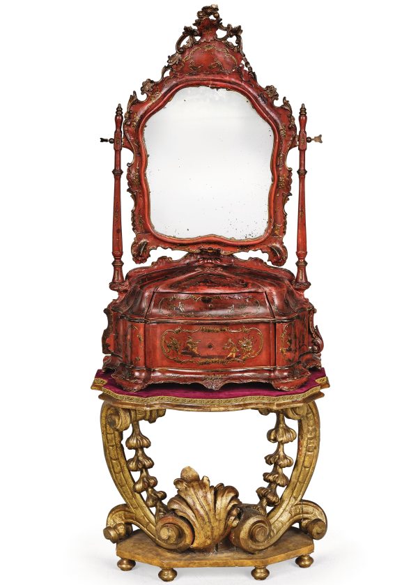 A North Italian console table with mirror attachment with curved design carved, Venice, 18th century