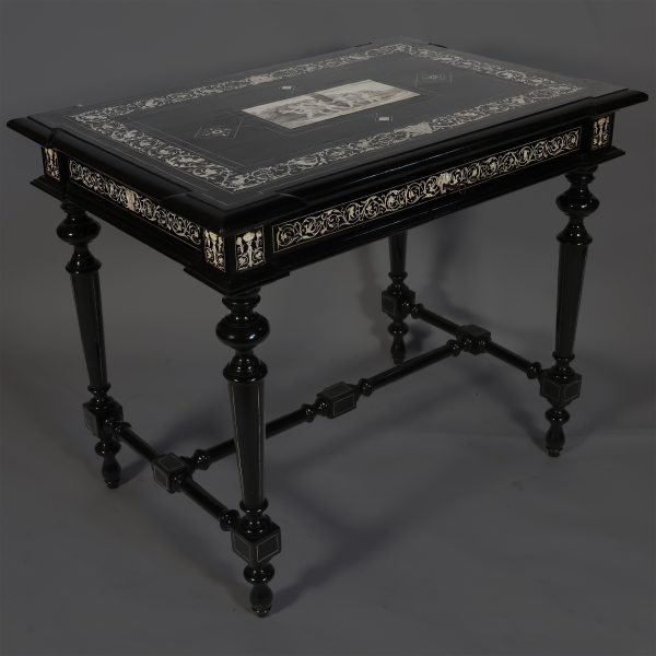 An Italian ebonized wood desk with bone and ivory inlays, Ferdinando Pogliani, Milan, 19th century