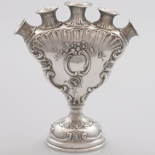 A German embossed and chiseled silver tulip vase, Kurz J. & Co, Hanau, 19th century